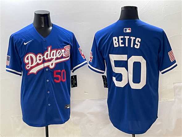 Men%27s Los Angeles Dodgers #50 Mookie Betts Royal With American Flag Patch Limited Stitched Jersey->los angeles dodgers->MLB Jersey